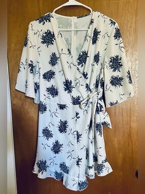 Floral Wrap Mini Romper Dress in Cream with Navy blue Print